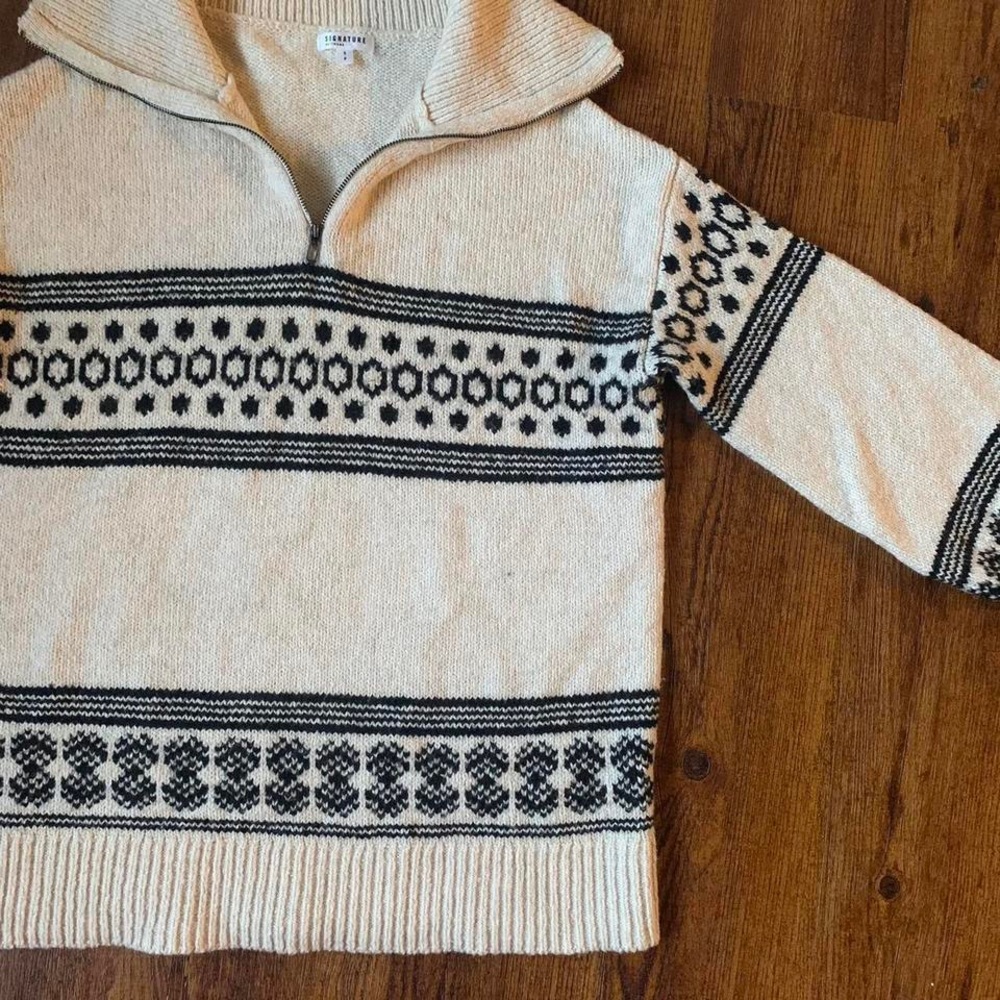 Reitmans Cream Black Fair Isle Half Zip Knit Sweater Size Small Cozy Winter - Picture 4 of 8